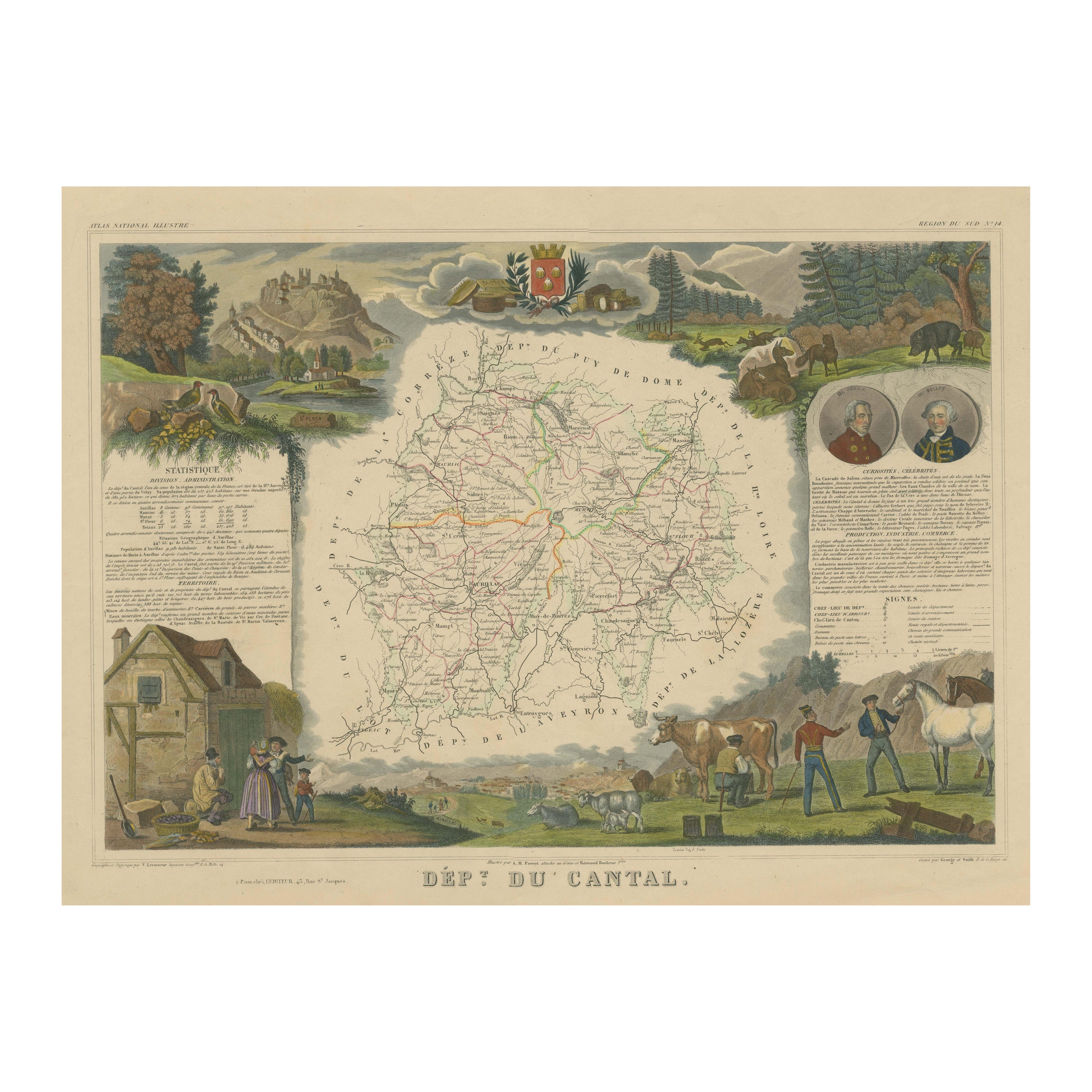 Old Map of the French Department of Cantal, France For Sale