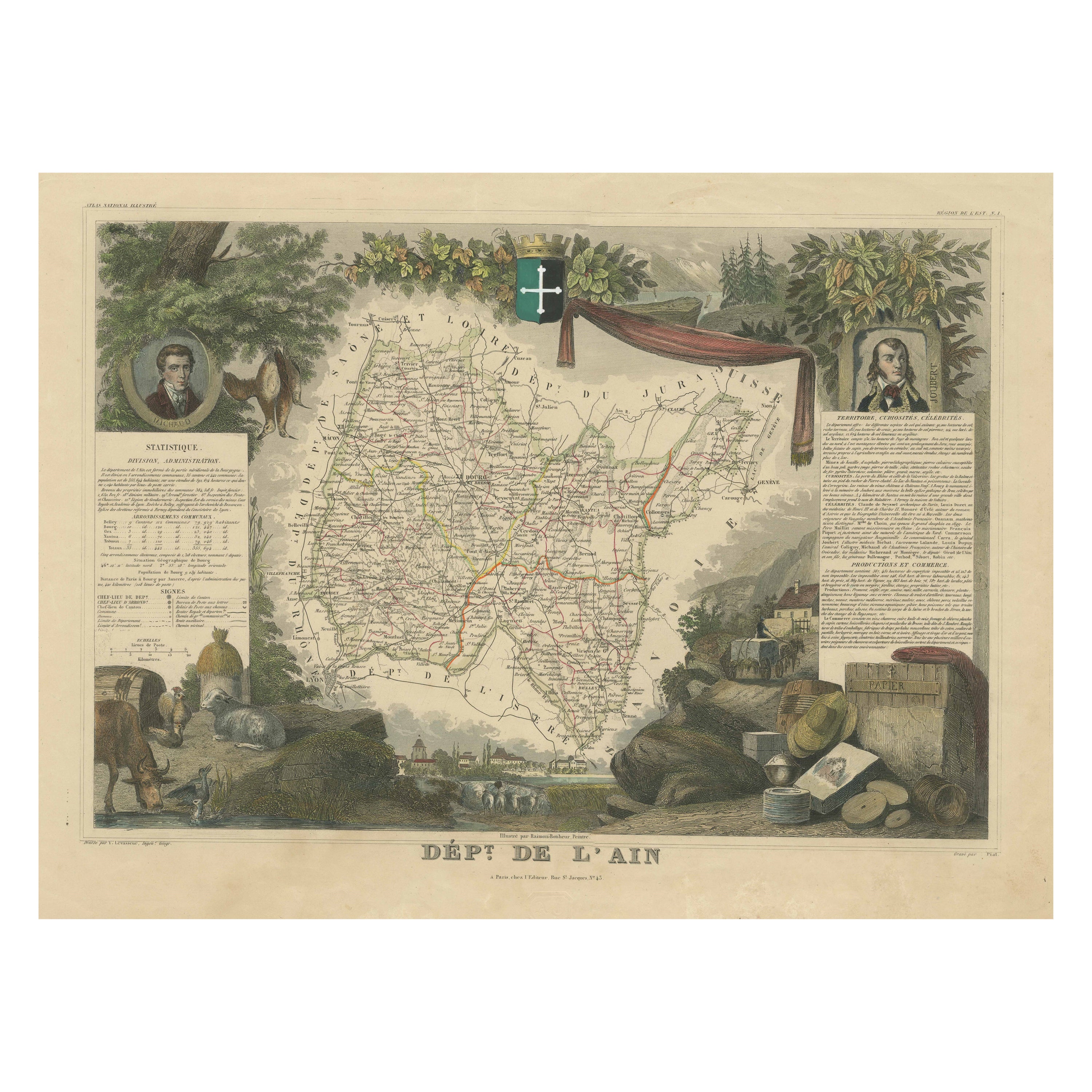 Old Map of the French Department of L'ain, France For Sale