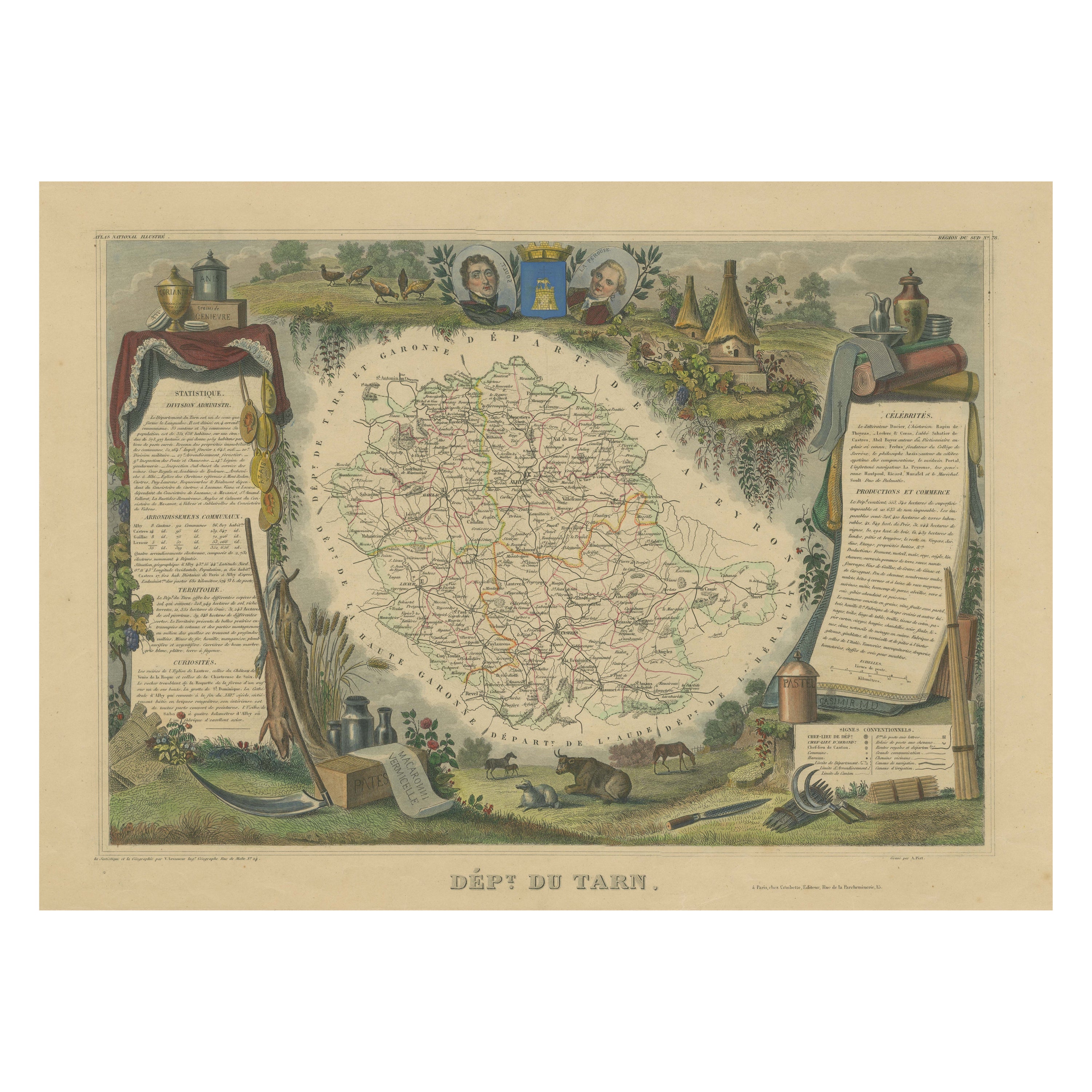 Carte ancienne coloriée à la main du département du Tarn, France, vers 1852