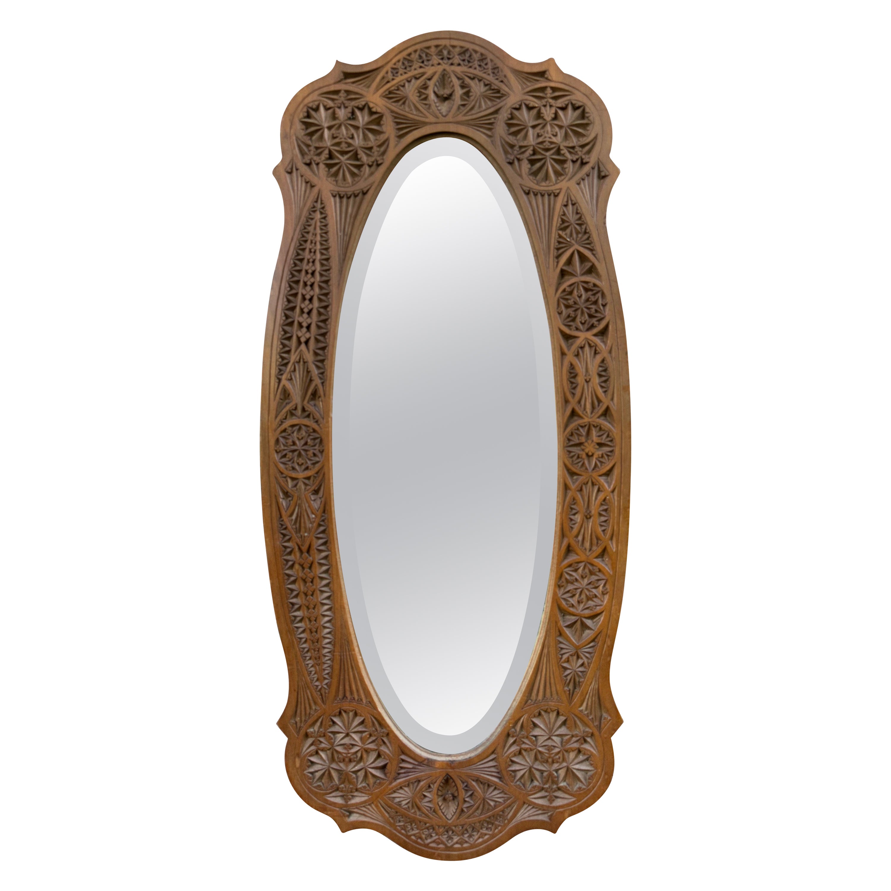 Rare & Beautifully Hand-Carved Antique Dutch Arts & Crafts Beveled Wall Mirror For Sale