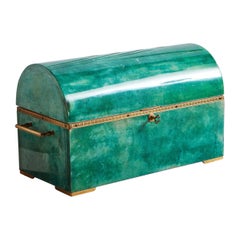 Green Parchment + Brass Box with Velvet Interior, Italy 20th Century 