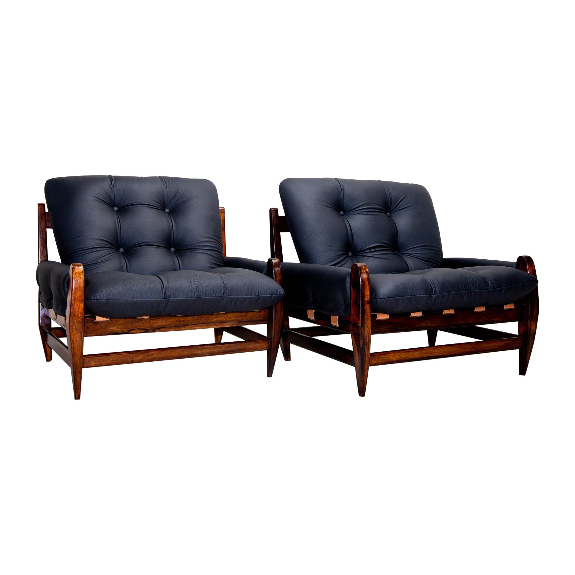 Brazilian Modern Armchairs in Hardwood & Black Leather, Jean Gillon, 1960 For Sale