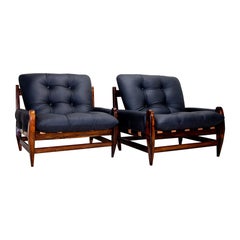 Vintage Brazilian Modern Armchairs in Hardwood & Black Leather, Jean Gillon, 1960