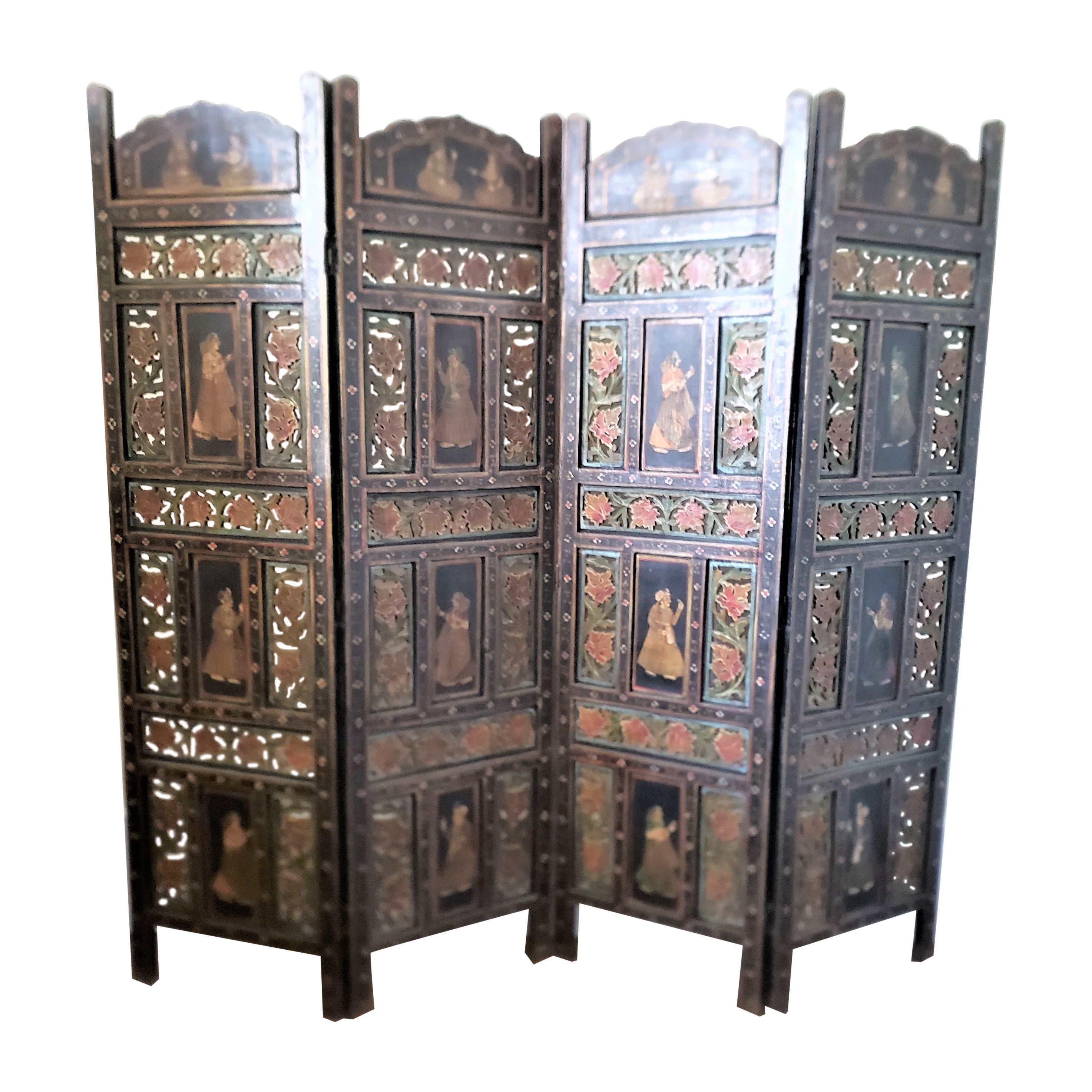 Antique Anglo-Indian Hand-Painted Wooden Four Panel Screen or Room Divider