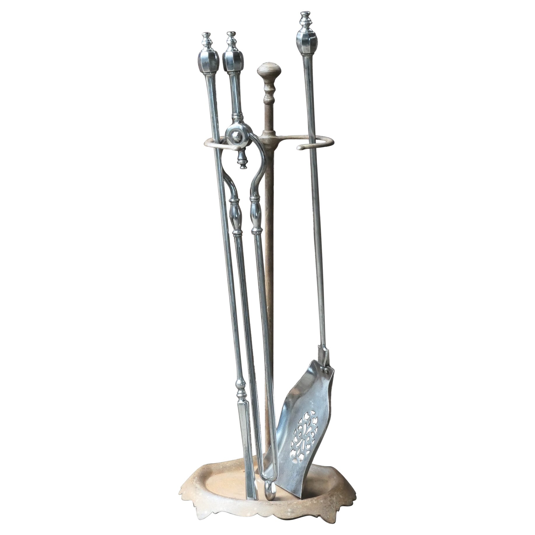 Large 18/19th C. English Polished Steel Fire Companion Set For