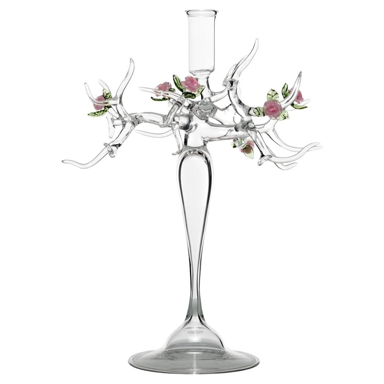 Contemporary Hand-Blown Glass Rose Candle Sticks Pink Spring Flower Leaves Green For Sale