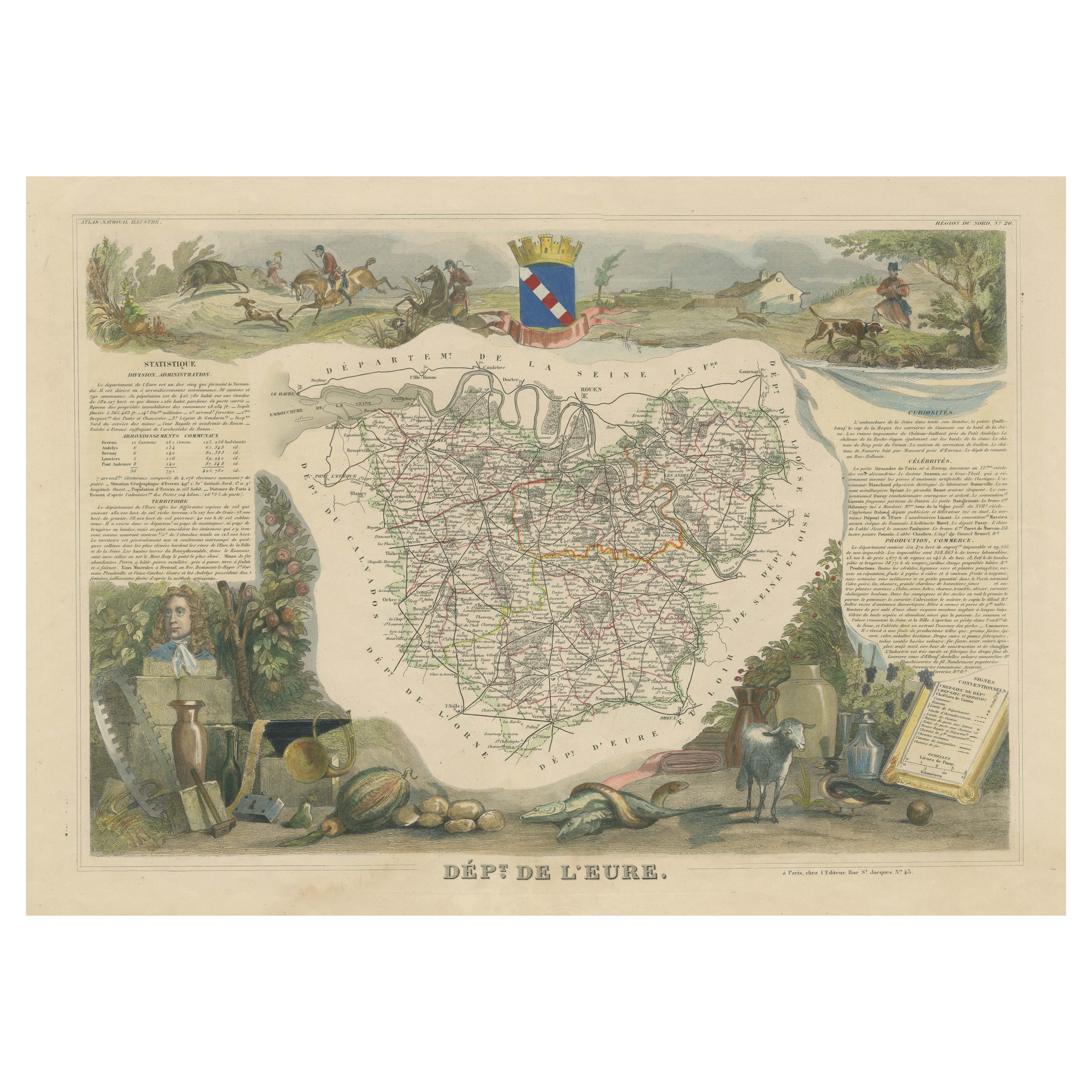 Hand Colored Antique Map of the Department of Eure, France For Sale