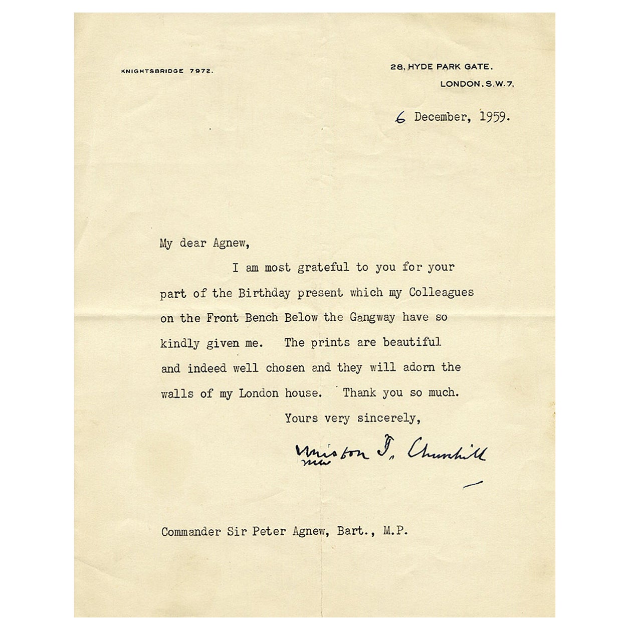Lettre signée par Winston Churchill