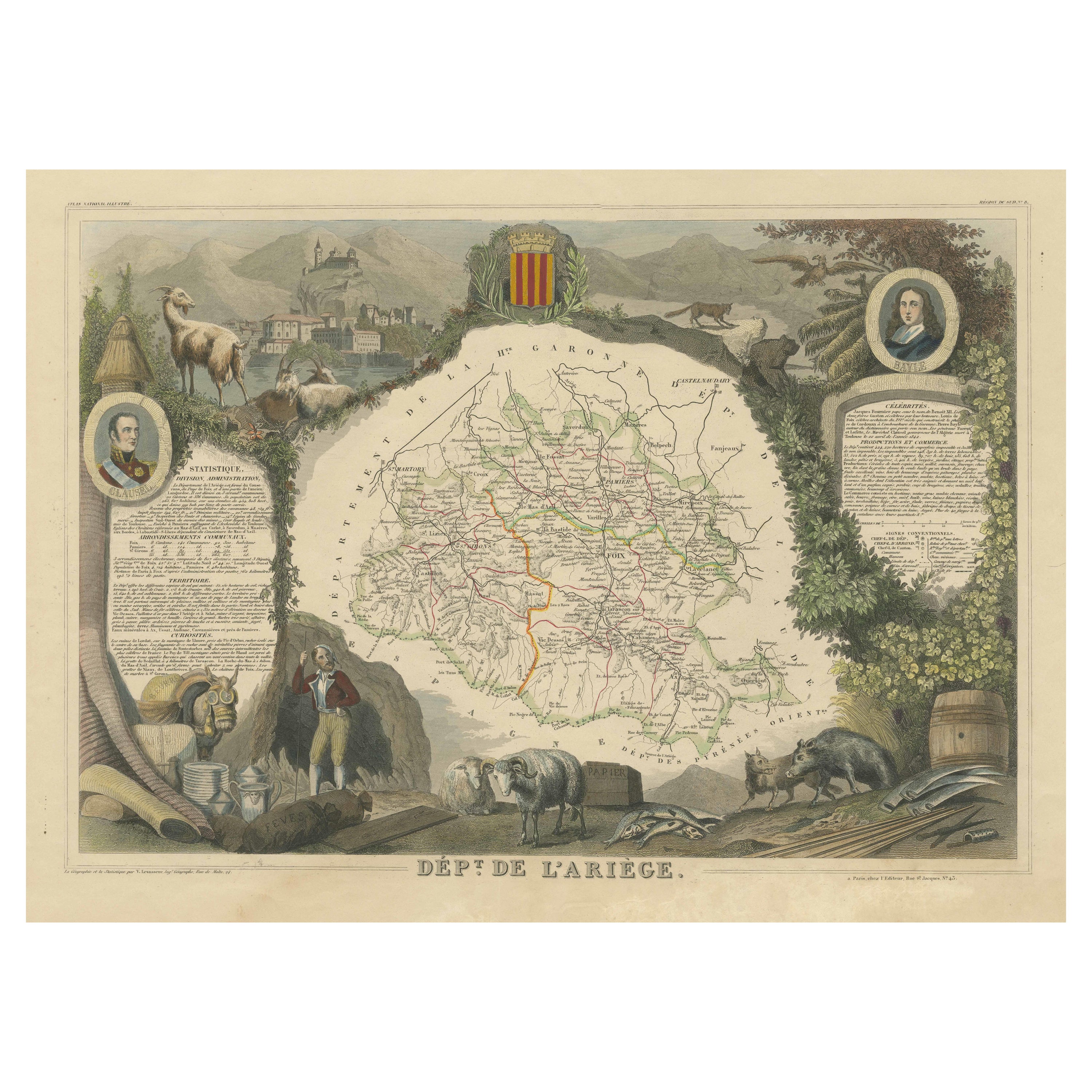 Old Map of the French department of Ariège, France For Sale