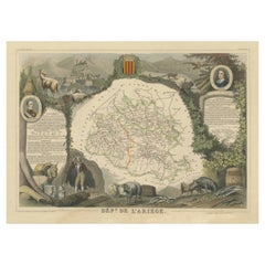 Antique Old Map of the French department of Ariège, France