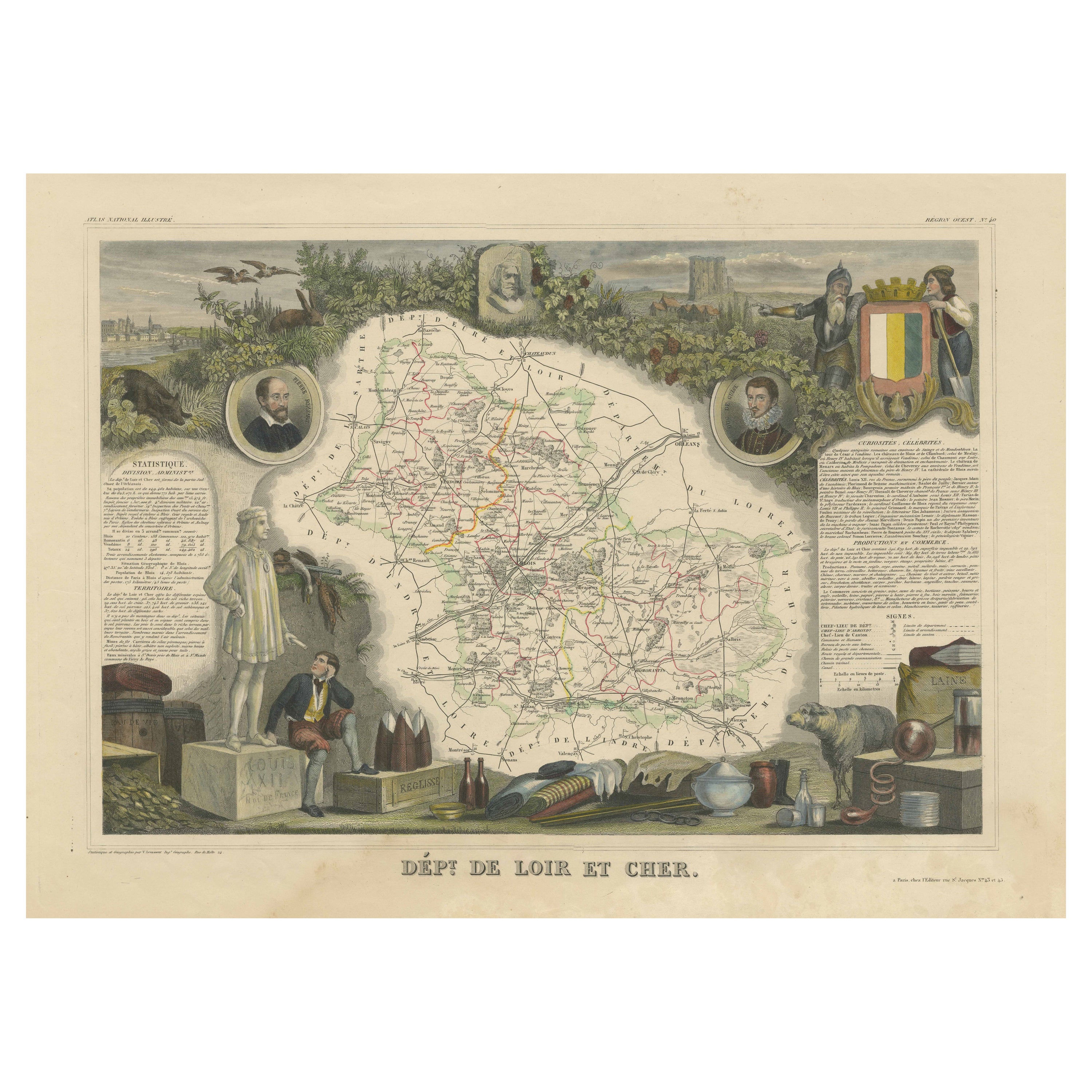 Old Map of the French Department of Loir-et-cher, France For Sale