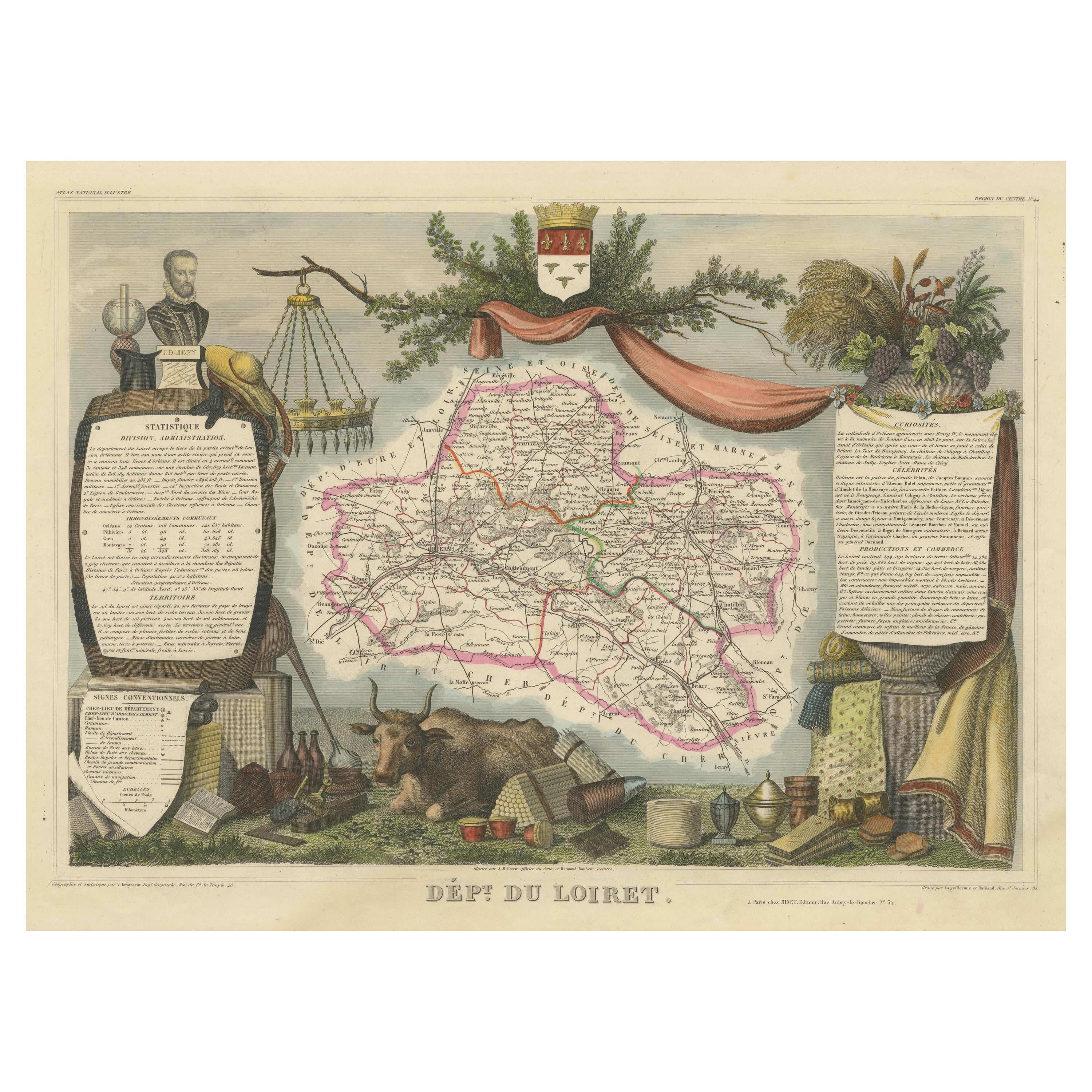 Hand Colored Antique Map of the department of Loiret, France For Sale