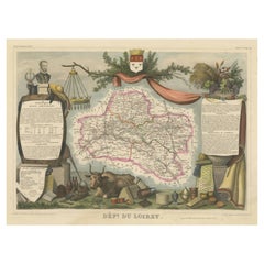 Mapa antiguo coloreado a mano del departamento de Loiret, Francia
