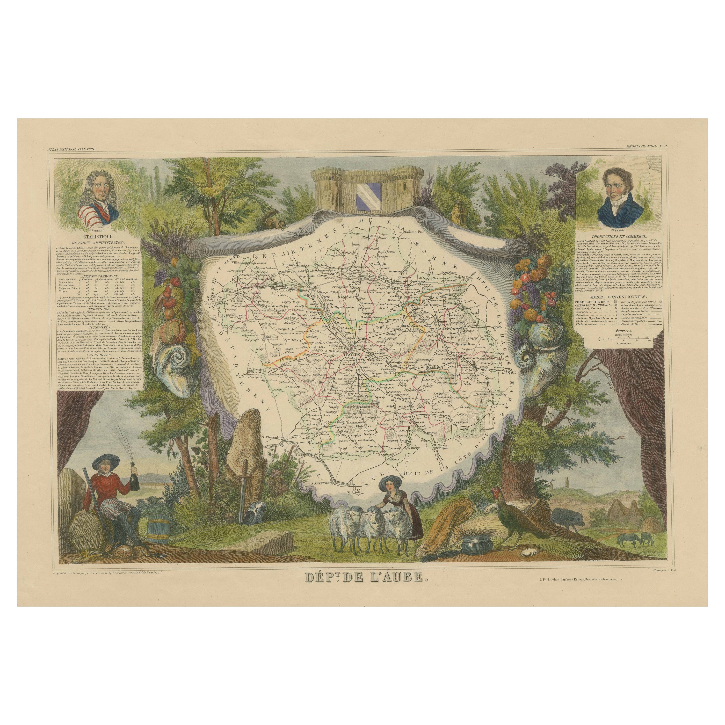 Mapa antiguo coloreado a mano del departamento de Aube, Francia en venta