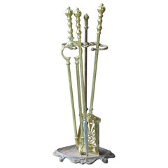Antique English Polished Brass Victorian Style Fireplace Set, 19/20th C