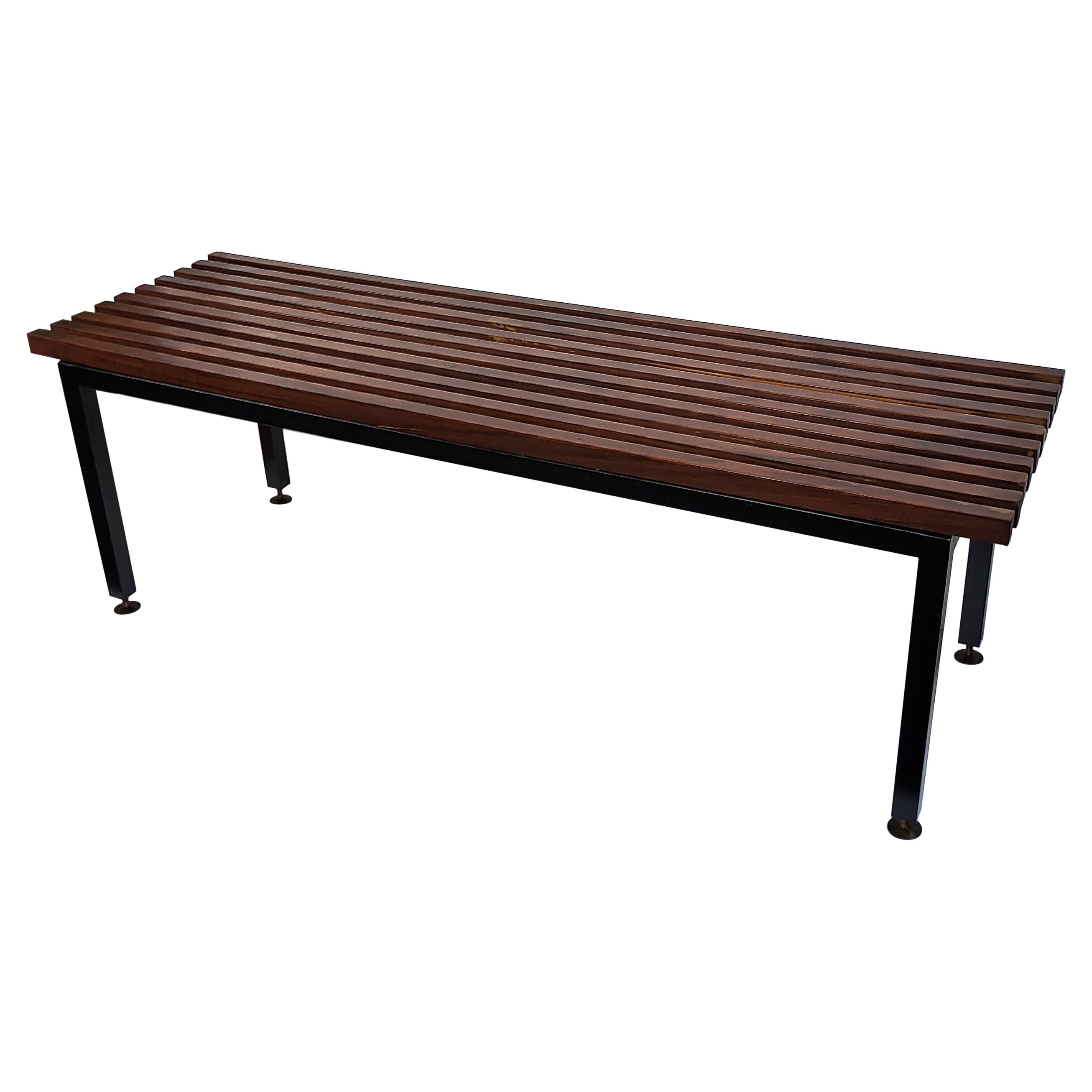 Mid-Century Modern Italian Metal Base Brass Feet Wooden Slat Bench For Sale