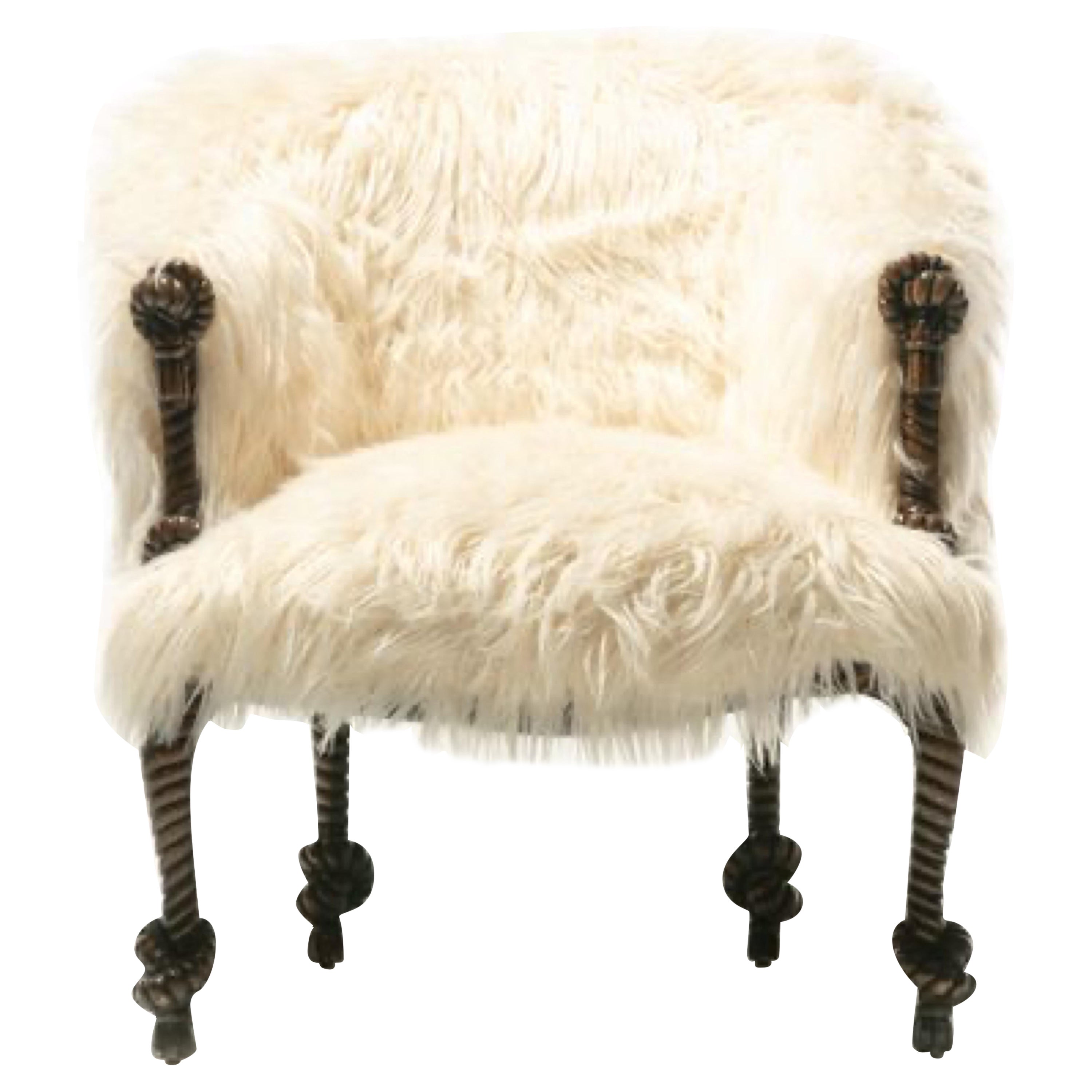 Napoleon III Style Twisted Rope & Tassel Frame Chair in Faux Fur Upholstery 