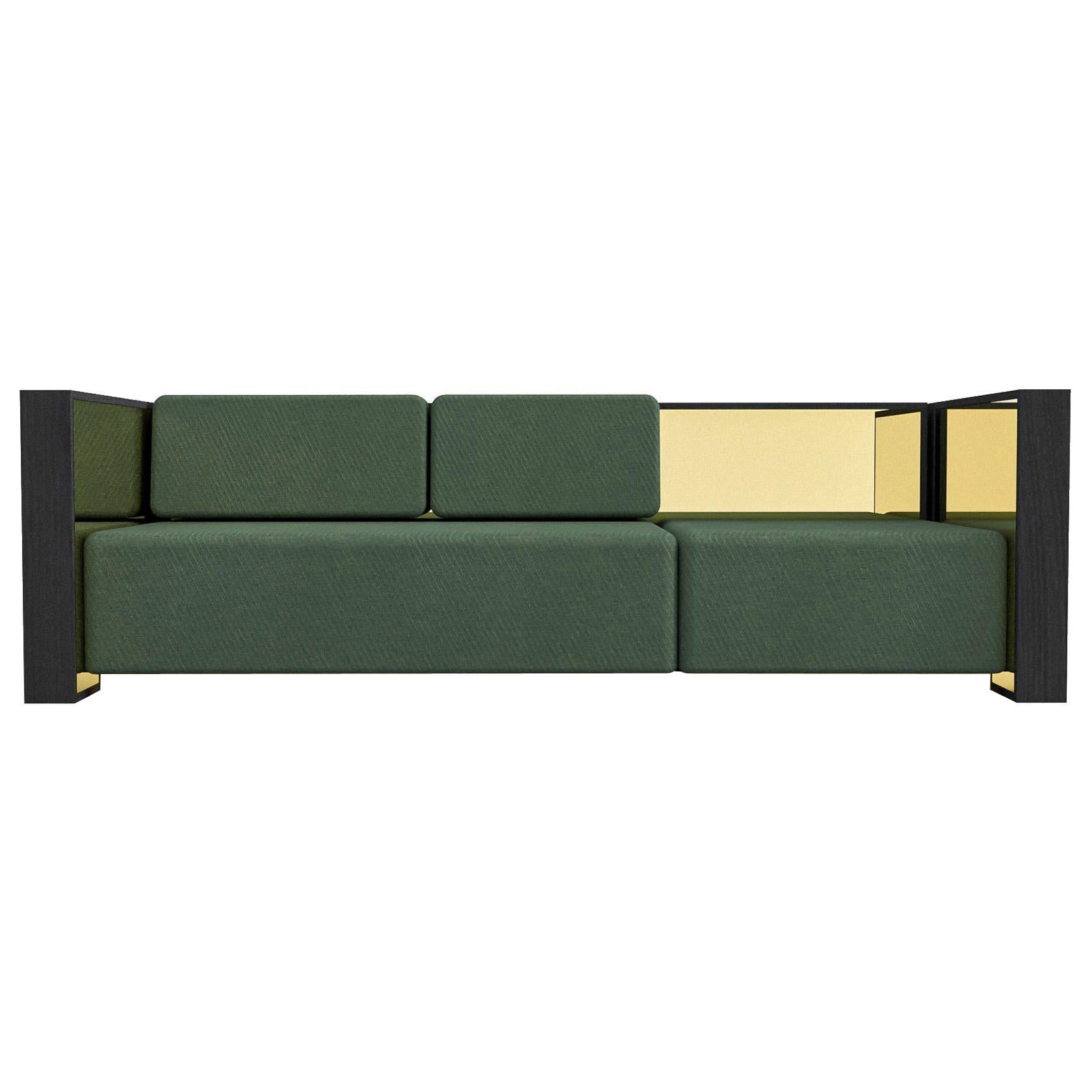 Barh Sofa in Black Stained Ash Wood, Brass and Green Upholstery, 3 Seater For Sale