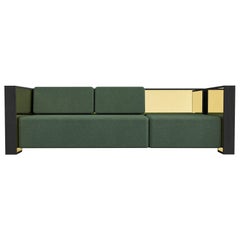 Barh Sofa in Black Stained Ash Wood, Brass and Green Upholstery, 3 Seater