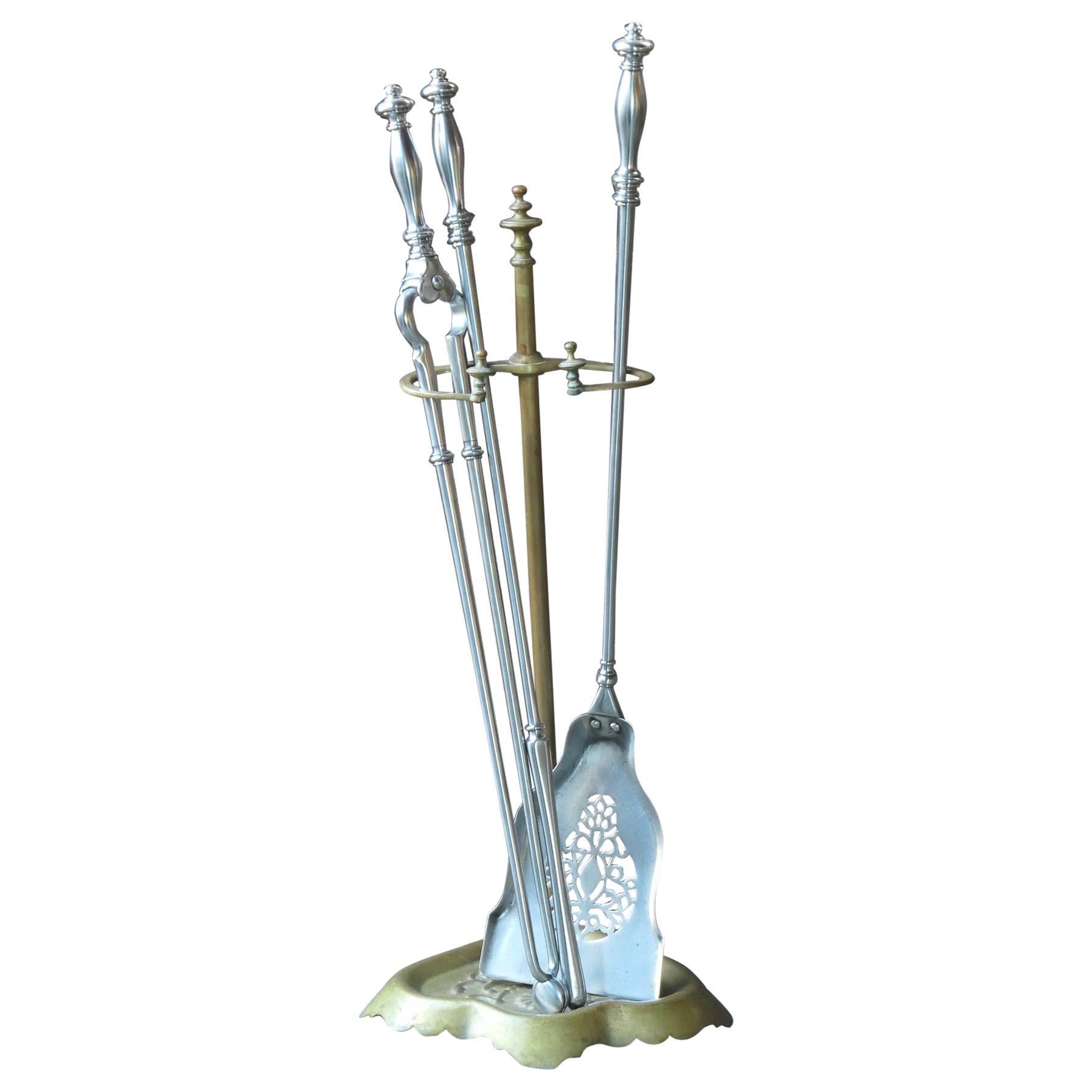 English Brass an Polished Steel Georgian Fireplace Tool Set, 18th-19th C For Sale