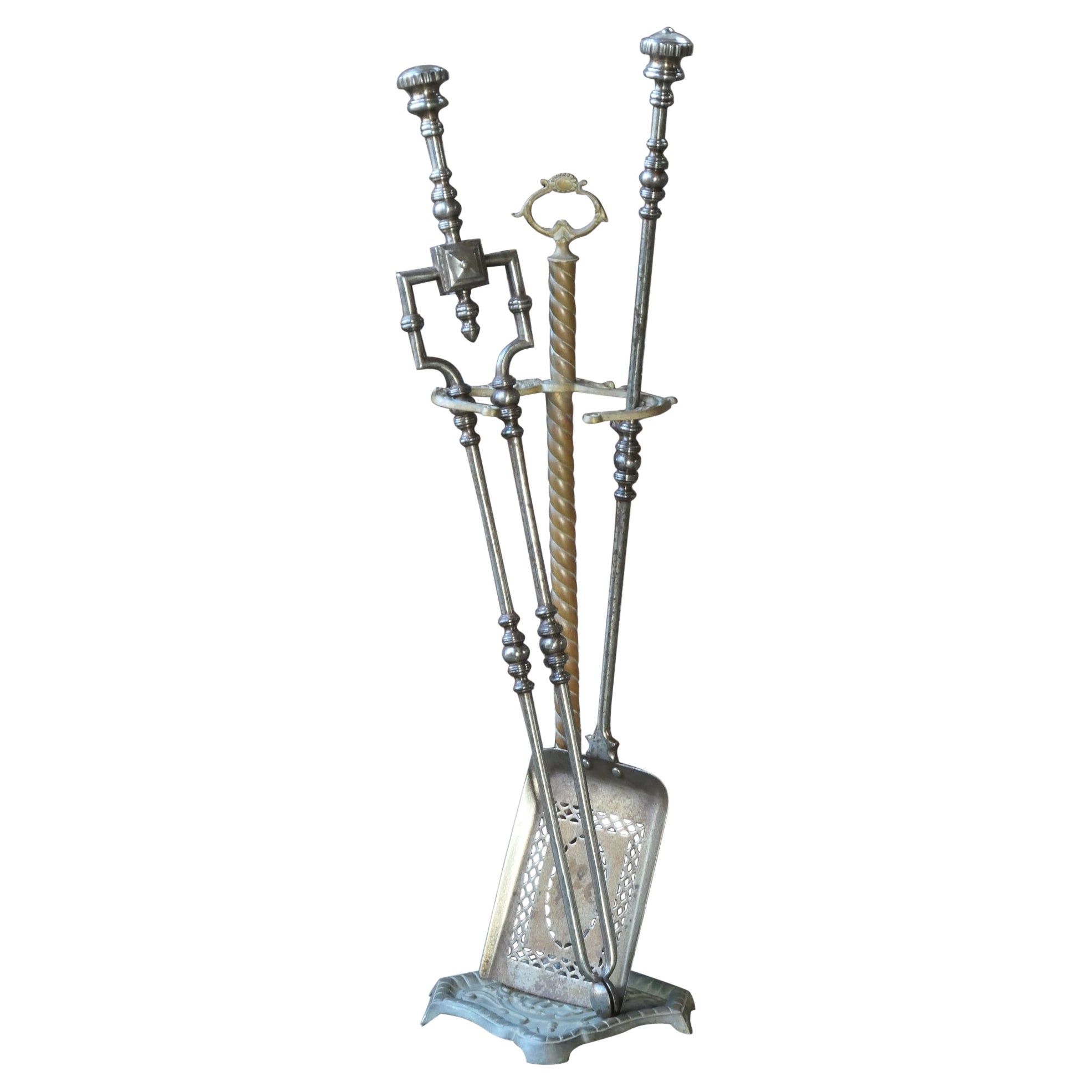 Large 19th C. English Polished Steel and Brass Georgian Fireplace Tools For Sale