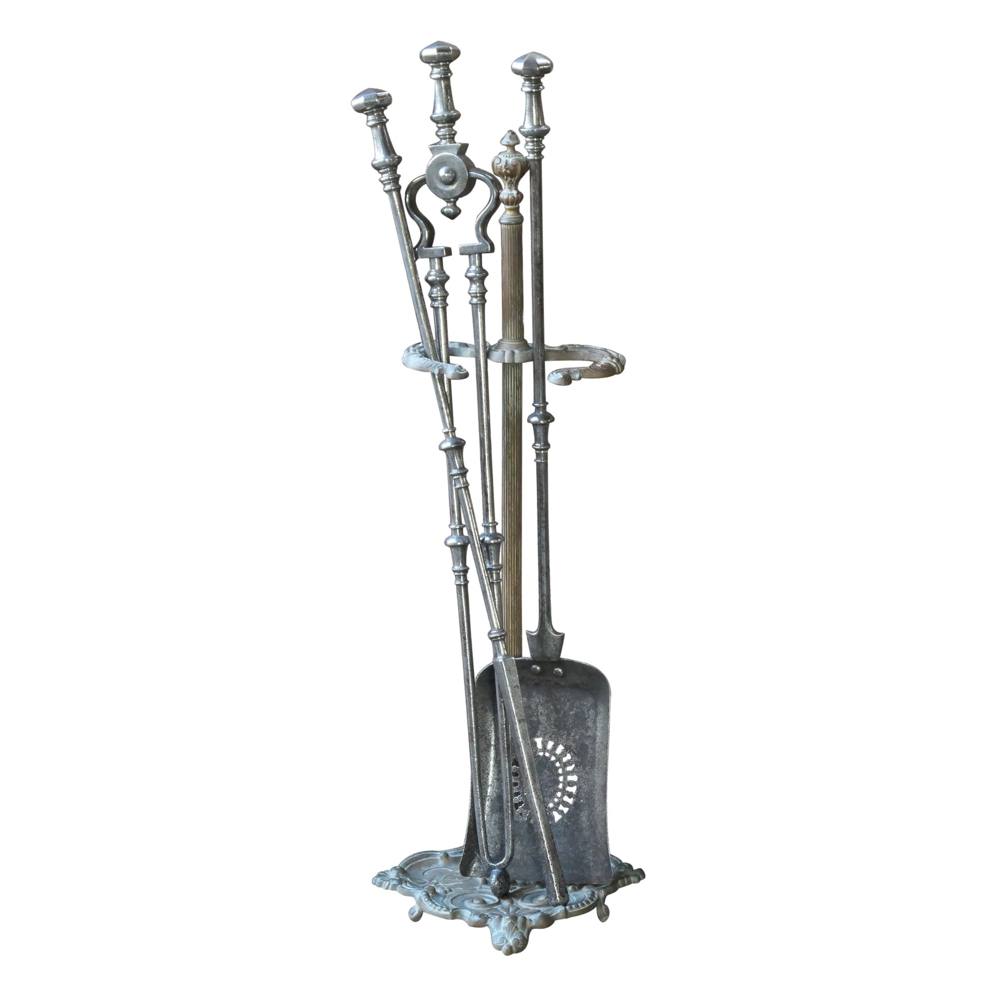 Large 18/19th C. English Polished Steel Georgian Fire Companion Set For Sale