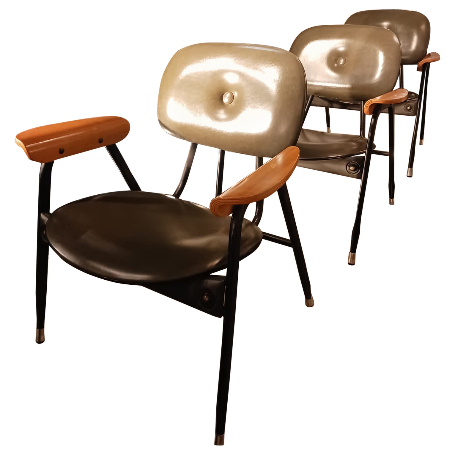 Schwarzes Leder im Stil von Marco Zanuso, ca. 1960er Jahre Drei Sessel