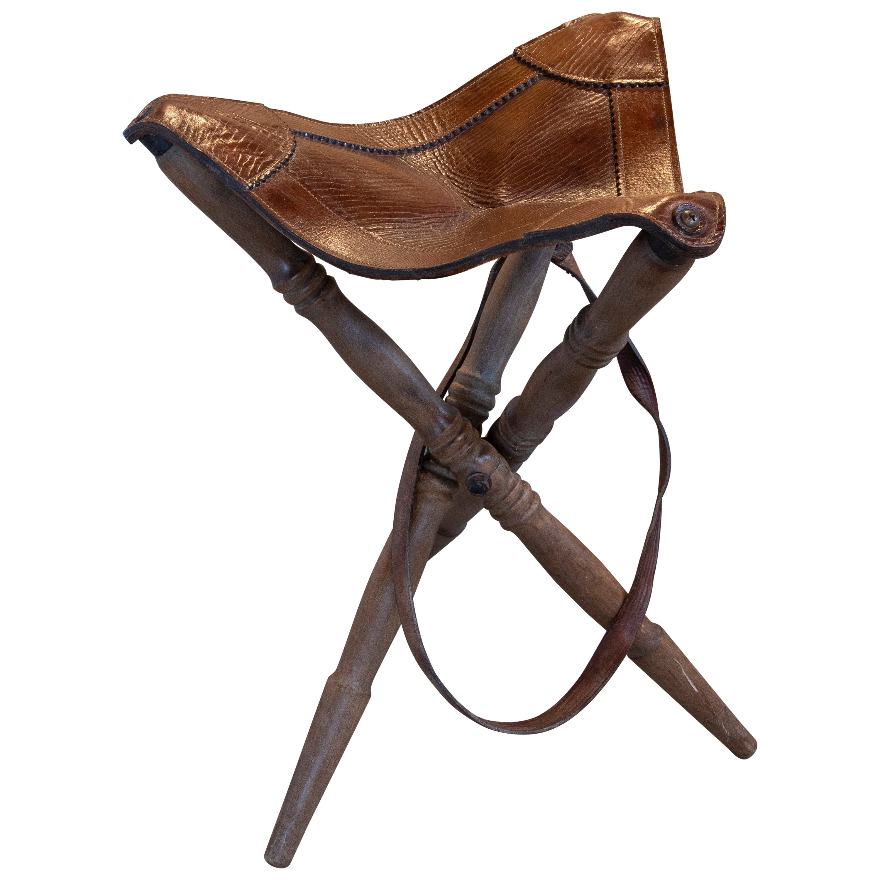 Spanish Folding Stool with Wooden Legs and Leather Seat