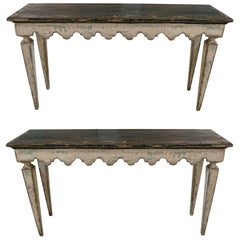 Spanish Pair of Hand-Painted Wooden Consoles with Carved Skirting