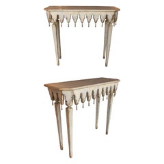 Antique Pair of Hand-Carved and Hand-Painted Wooden Consoles with White Marble Tops