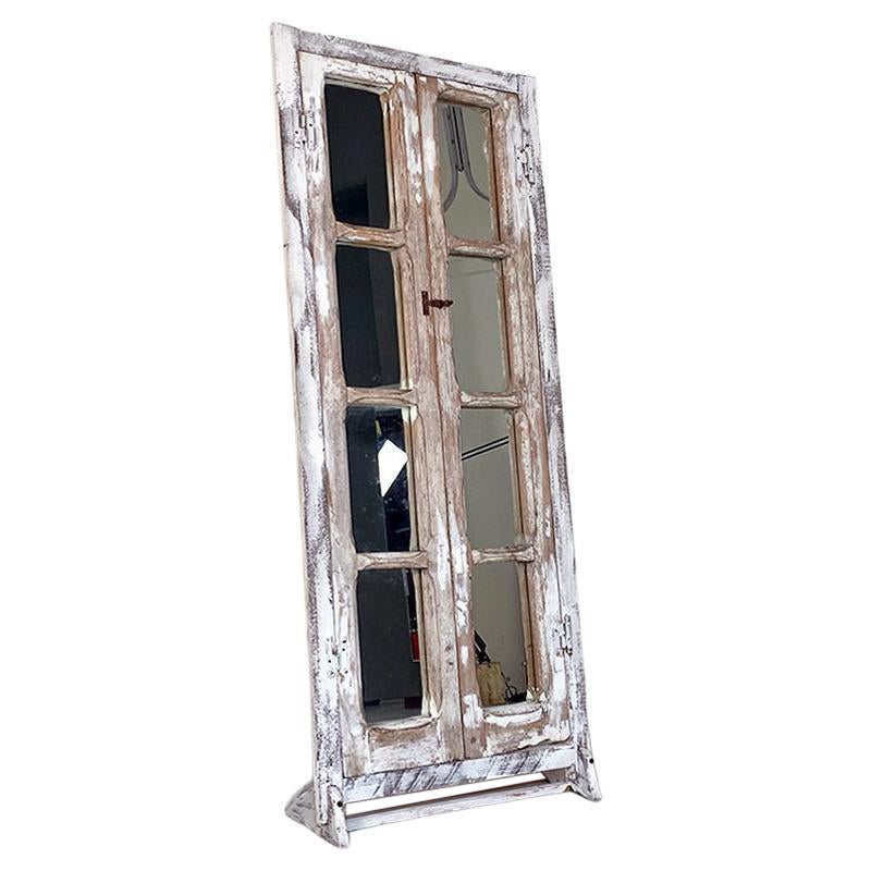 Italian Antique Rustic Freestanding Mirror, Made from a Wooden Swing Door, 1940s For Sale
