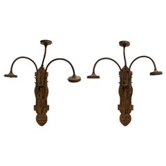 Vintage 1950s French Pair of Wall Sconces in Wood and Bronze