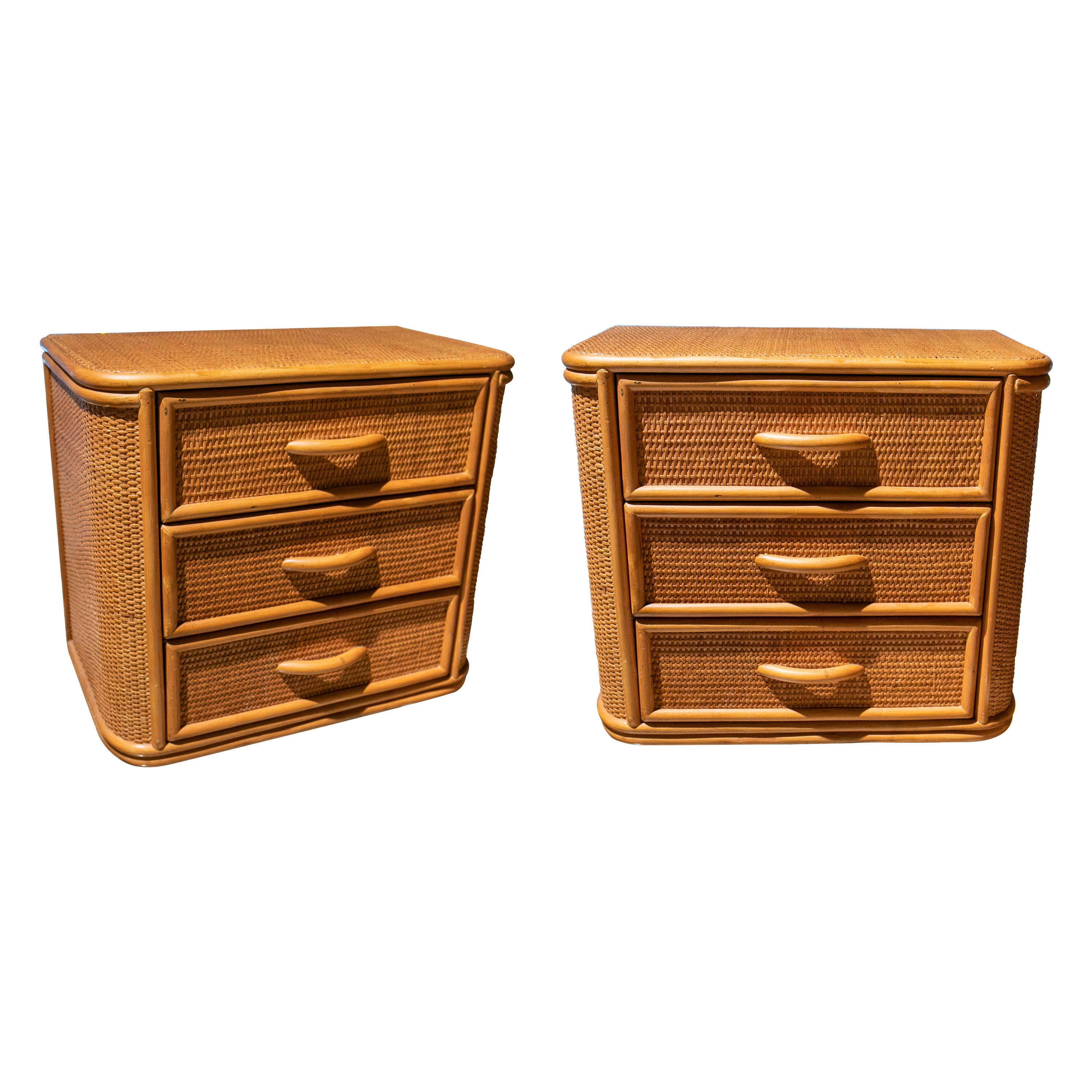 Pair of Bamboo and Wicker Bedside Tables with Three Drawers