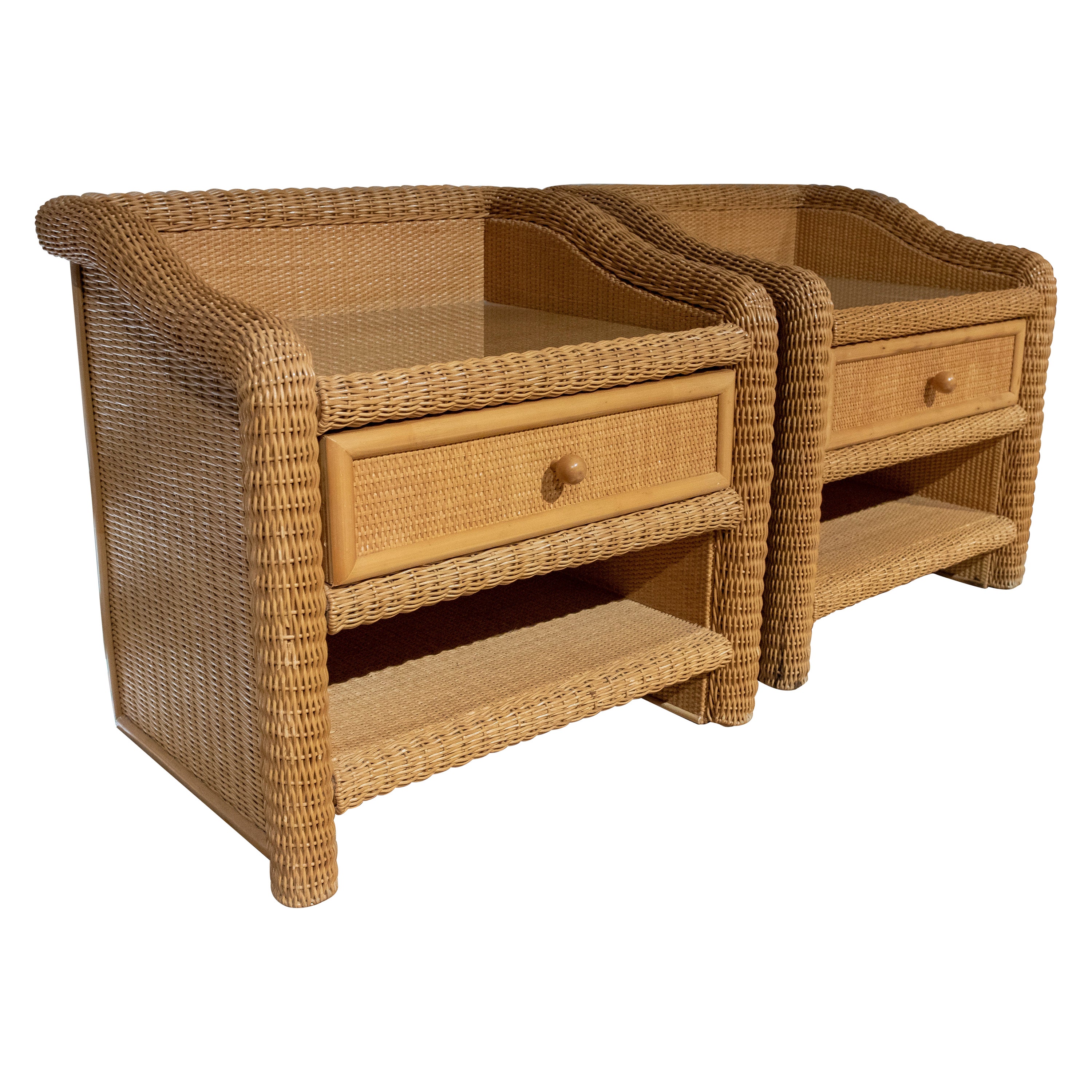 1980s Spanish Pair of Wicker Bedside Tables with Drawer
