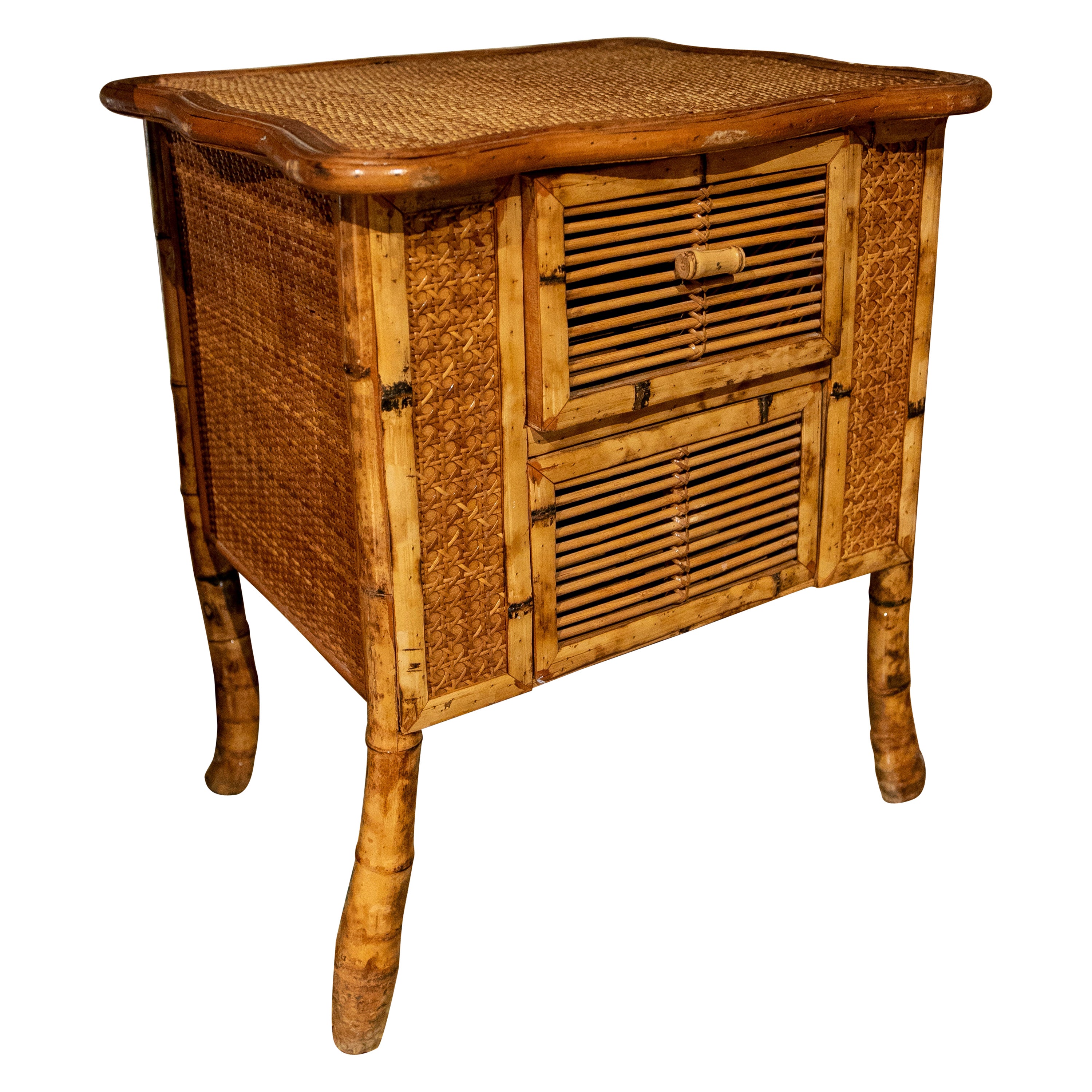 1970s Bamboo and Wicker Side Table with Drawer For Sale