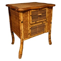 Retro 1970s Bamboo and Wicker Side Table with Drawer