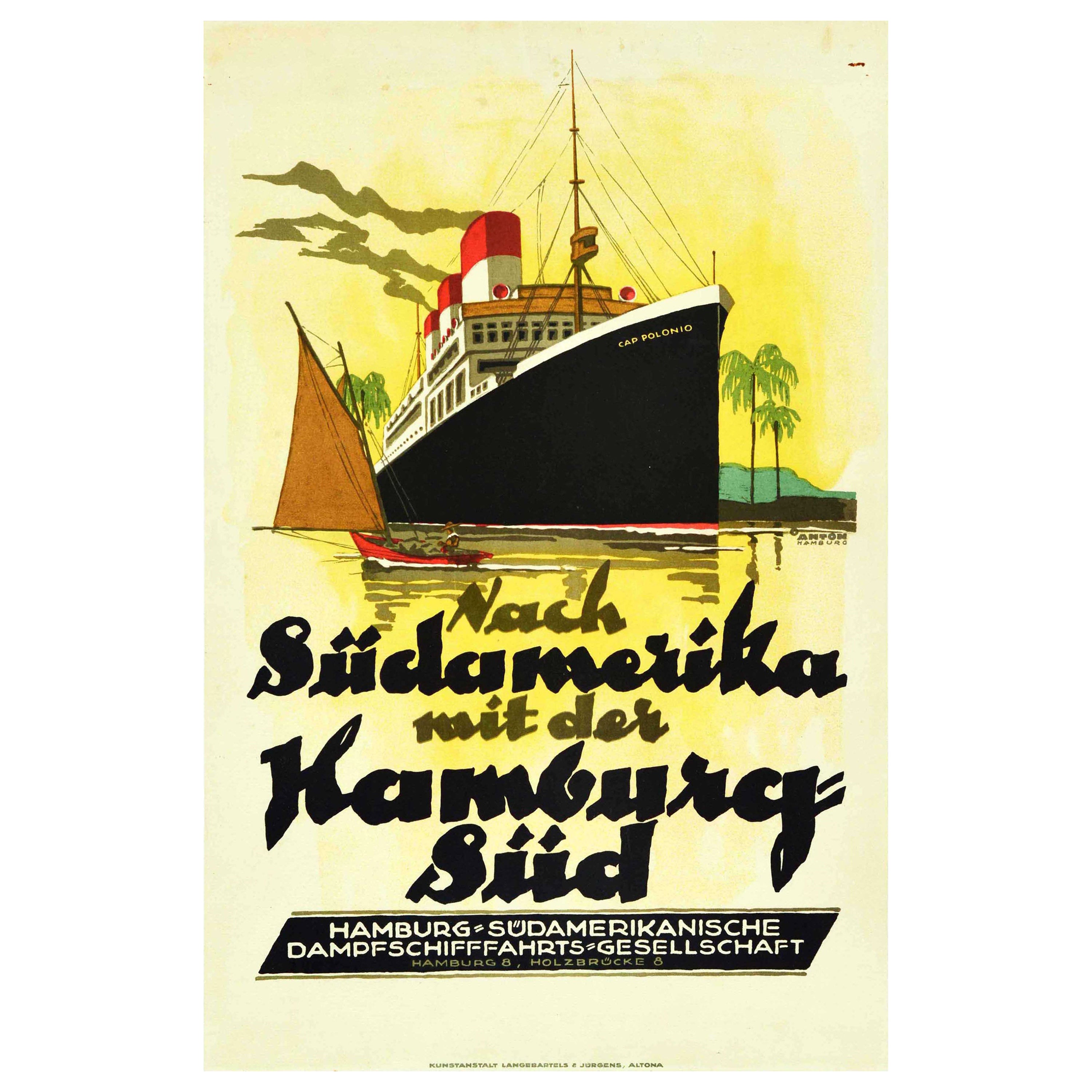 Affiche rtro originale de Sudamerika S America Hamburg Sud Cruise Ship CAP Polonio en vente