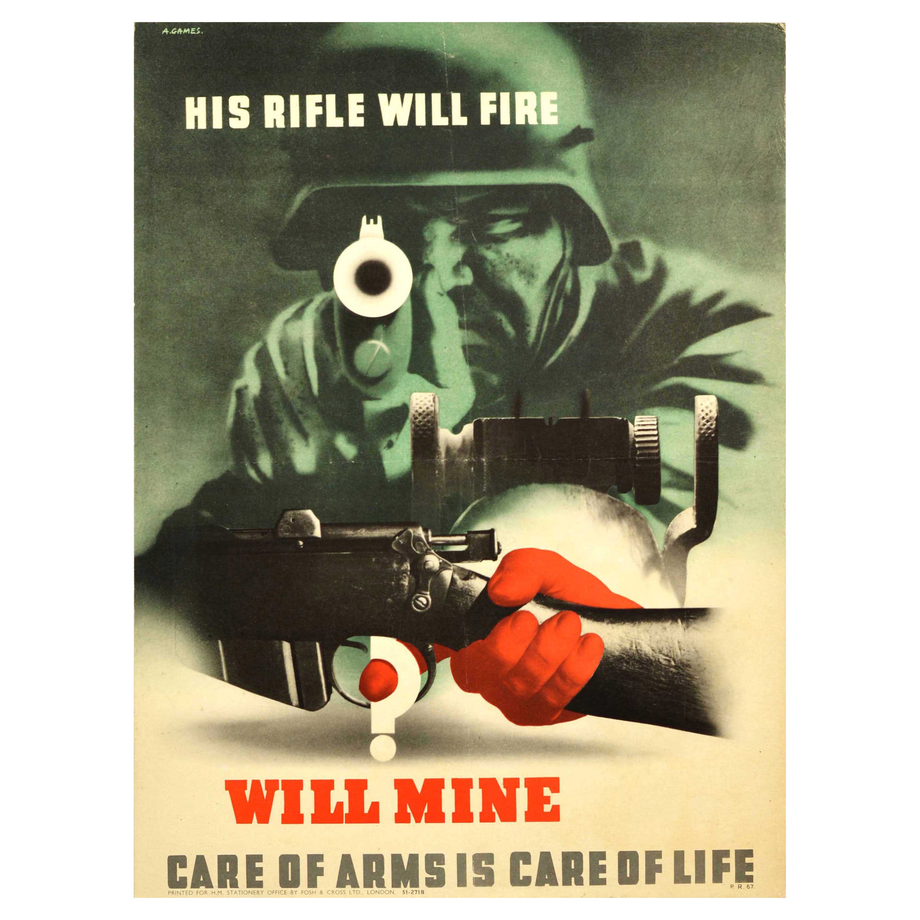 Original Vintage WWII Poster His Rifle Will Fire Abram Games War Military Safety en vente