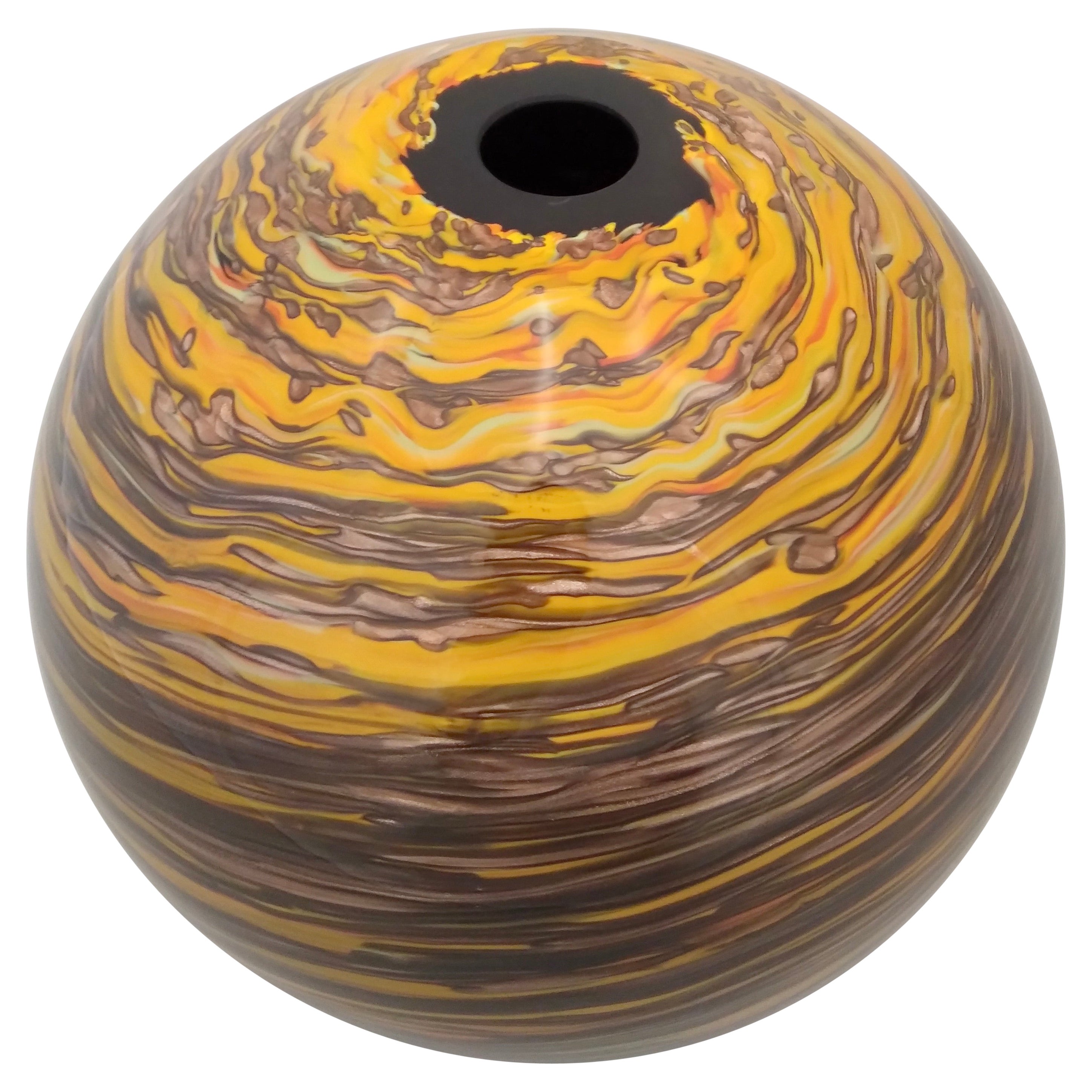 Formia 1980s Modern Round Brown Yellow Red Orange Gold Murano Glass Vase For Sale