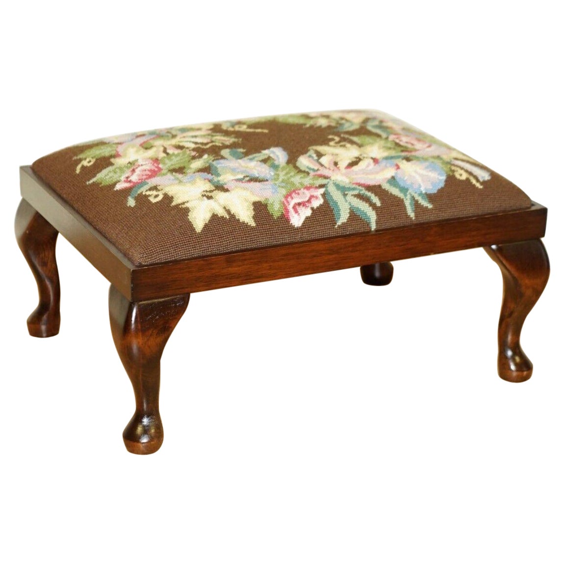 Lovely Hardwood and Embroidered Floral Vintage Footstool Stool For Sale