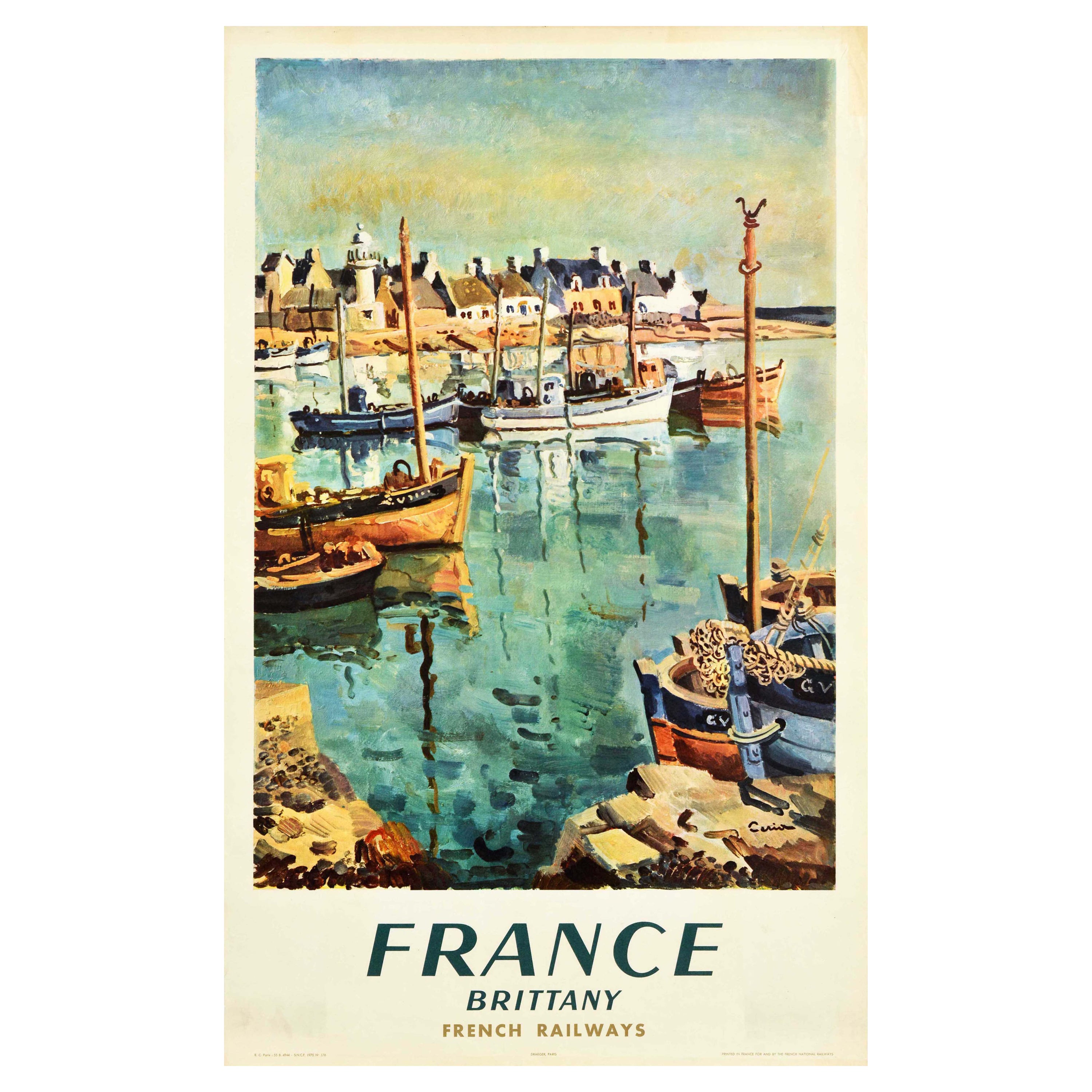 Original Vintage Railway Poster France Brittany Fishing Boat Harbour Travel Art