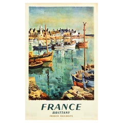 Affiche rtro originale des chemins de fer, France, Bretagne, bateau de pche, port, art de voyage