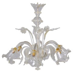 Vintage Six Light Murano Glass Chandelier in Clear with Gold Inclusions