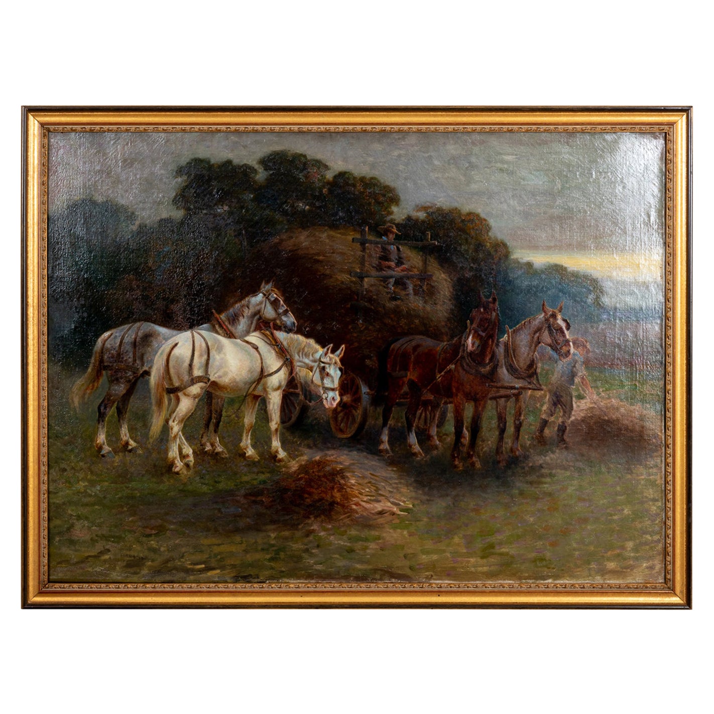 19th Century French Barbizon School Painting of Hay Making For Sale
