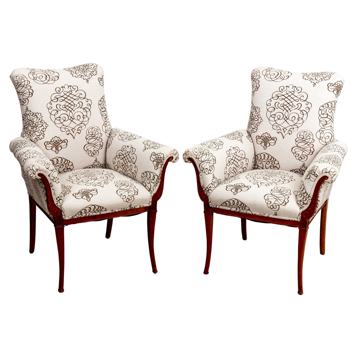 Pair Of Hand Carved Arm Chairs Upholstered In Flemish Tapestry at