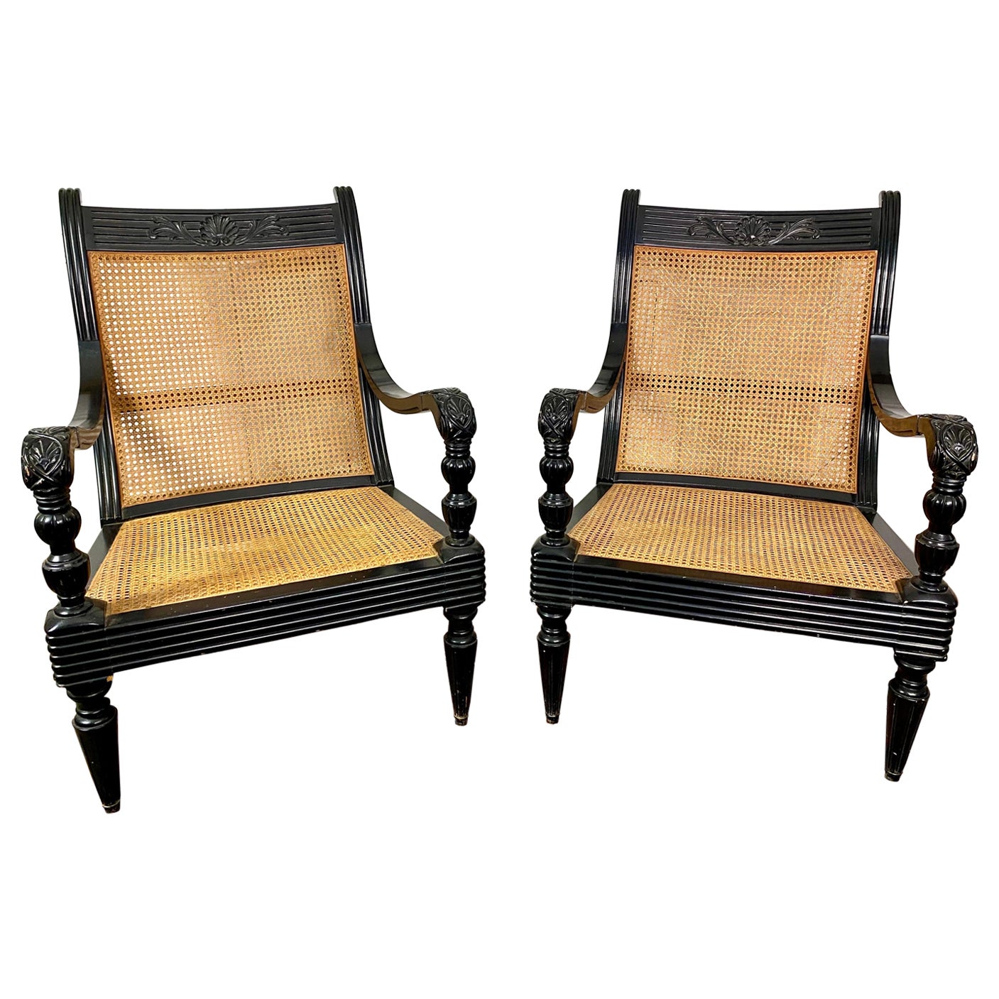 Pair of Colonial Armchairs in Caning and Black Lacquered Wood Circa 1930