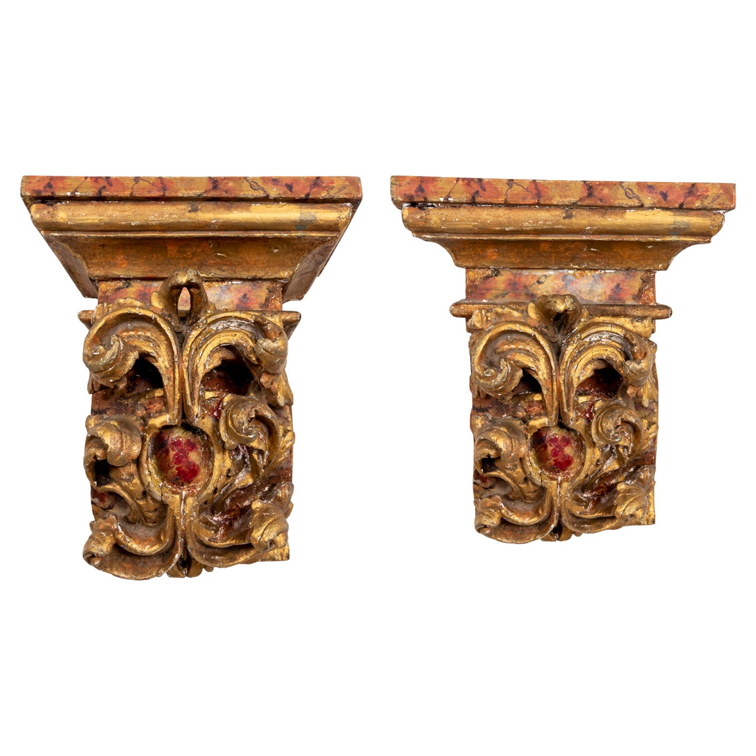 Pair of Faux Marble and Giltwood Wall Brackets For Sale