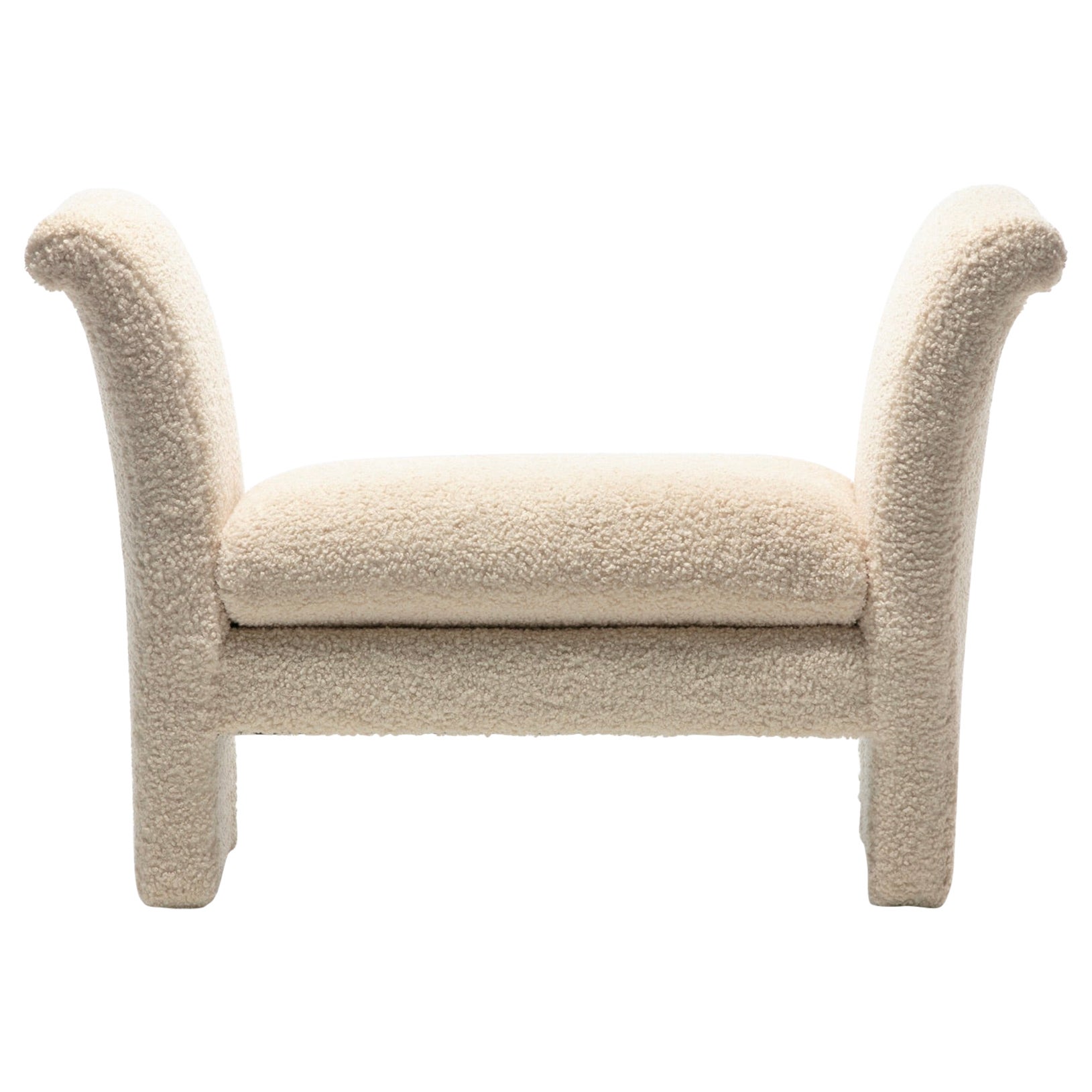 Post Modern Bench Settee Newly Upholstered in Luxurious Ivory White Bouclé For Sale