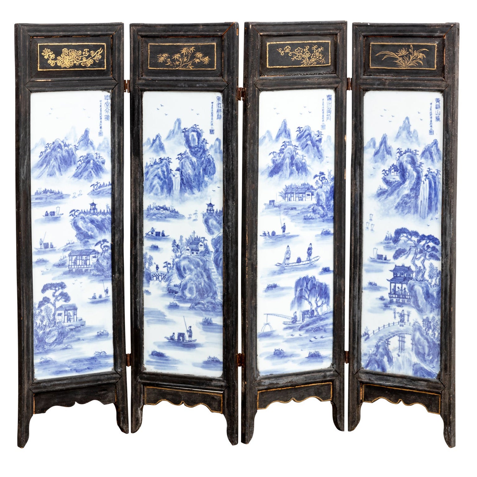 Four Panel Screen with Blue and White Painted Porcelain Panels