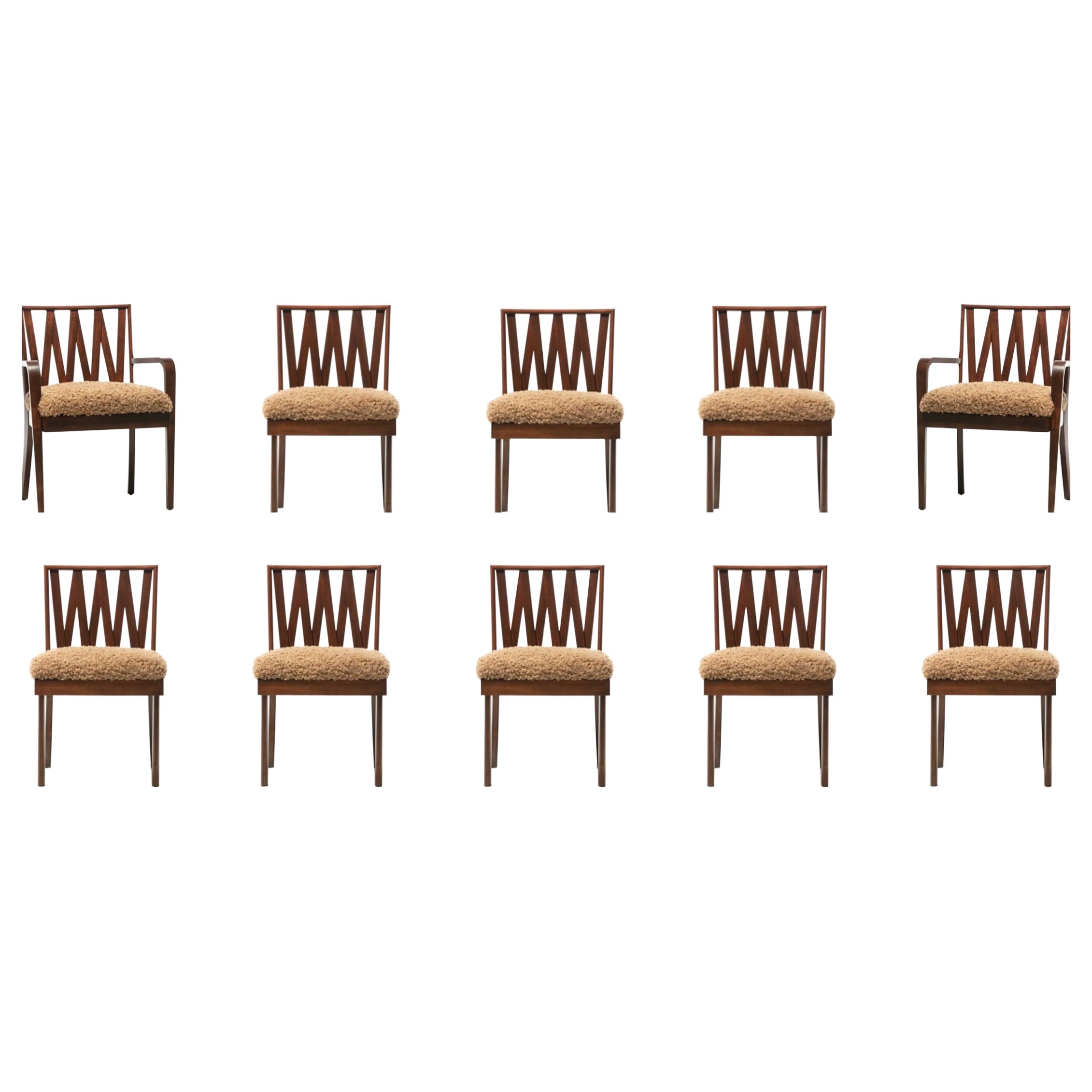 Large Set of 10 Paul Frankl Mid-Century Modern Lattice Dining Chairs, c. 1950